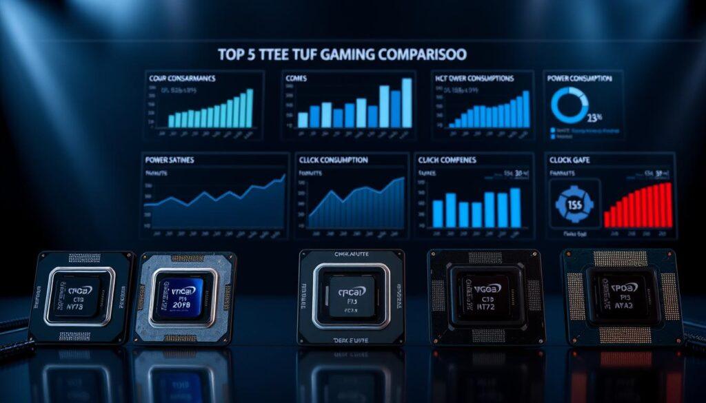 A detailed, data-driven comparison of the top 5 gaming CPUs of 2025, presented in a sleek, technical style. In the foreground, a lineup of the CPUs arranged neatly, their distinctive heatsinks and chipset details highlighted under cool, directional lighting. In the middle ground, a series of performance charts and graphs, showcasing benchmarks, clock speeds, and power consumption metrics in a clean, infographic layout. The background features a minimalist, metallic surface with subtle reflections, evoking a high-end, professional aesthetic. The overall mood is one of precision, authority, and cutting-edge technology.