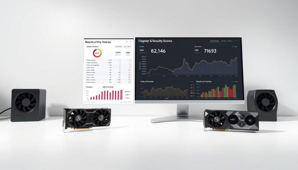 A detailed, data-rich comparison of flagship and mid-range GPU performance on productivity benchmarks. The scene depicts a clean, minimalist desktop setup with a pair of high-end and mid-tier GPUs side-by-side, accompanied by a large, high-resolution display showing comprehensive benchmark results. The lighting is bright and evenly distributed, creating a crisp, professional atmosphere. The GPU models are rendered with a high level of detail, showcasing their distinguishing design features. The benchmark graphs and charts are presented in a clear, organized manner, allowing for easy interpretation of the performance delta between the two GPU tiers. The overall composition strikes a balance between technical precision and visual appeal, serving as an informative, visually striking illustration for the "Gaming & Productivity Scores" section of the article.