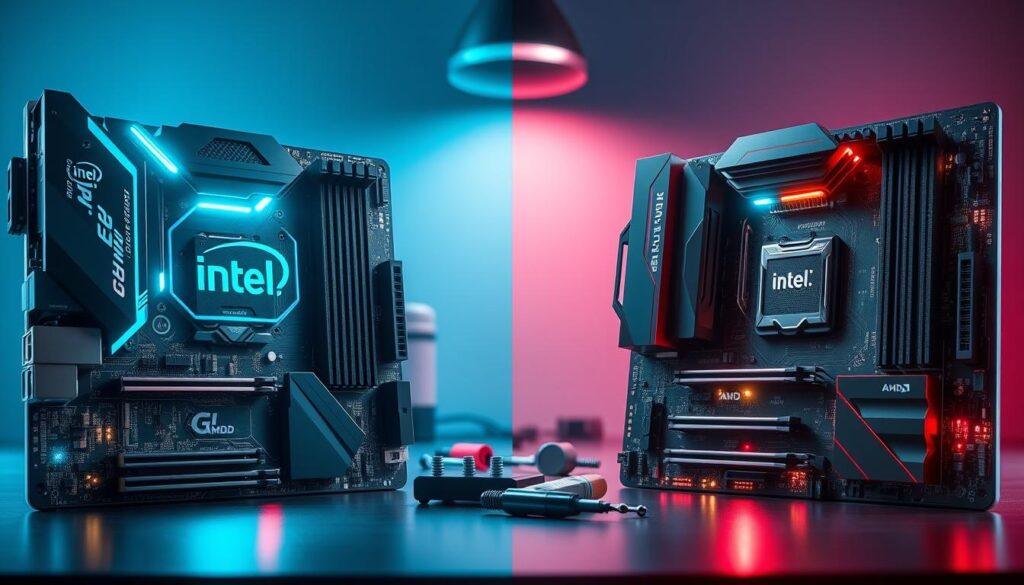 A detailed illustration of an Intel motherboard on one side and an AMD motherboard on the other, showcasing their compatibility features. In the foreground, focus on the chipsets, with bright LED lights illuminating key components like CPU sockets and RAM slots. The middle section should display a clean workspace with tools and parts used for installation, like screws and thermal paste. The background should be a subtle gradient of blue and red, representing Intel and AMD, creating a balanced atmosphere. Soft lighting highlights the intricate designs of the motherboards, while a shallow depth of field focuses on the motherboards themselves, creating an engaging tech-savvy feel. The image conveys a sense of precision and expertise in gaming hardware selection. A detailed illustration of an Intel motherboard on one side and an AMD motherboard on the other, showcasing their compatibility features. In the foreground, focus on the chipsets, with bright LED lights illuminating key components like CPU sockets and RAM slots. The middle section should display a clean workspace with tools and parts used for installation, like screws and thermal paste. The background should be a subtle gradient of blue and red, representing Intel and AMD, creating a balanced atmosphere. Soft lighting highlights the intricate designs of the motherboards, while a shallow depth of field focuses on the motherboards themselves, creating an engaging tech-savvy feel. The image conveys a sense of precision and expertise in gaming hardware selection.