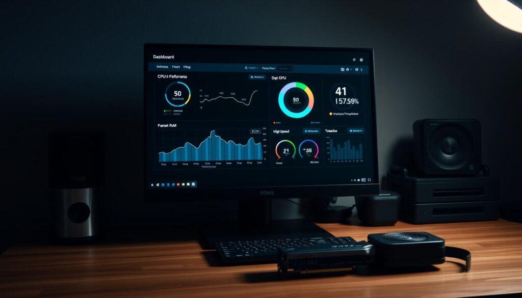 A dimly lit home office, with a sleek and minimalist gaming PC setup on a sturdy wooden desk. The desktop displays a meticulously optimized performance dashboard, showcasing CPU, GPU, and RAM utilization graphs in a clean, data-driven interface. Soft, indirect lighting casts a warm glow, highlighting the subtle details of the components - a powerful, yet efficient CPU heatsink, high-speed RAM modules, and a state-of-the-art GPU. The scene conveys a sense of focus and purpose, with the equipment working in harmony to deliver an exceptional gaming experience on a budget.