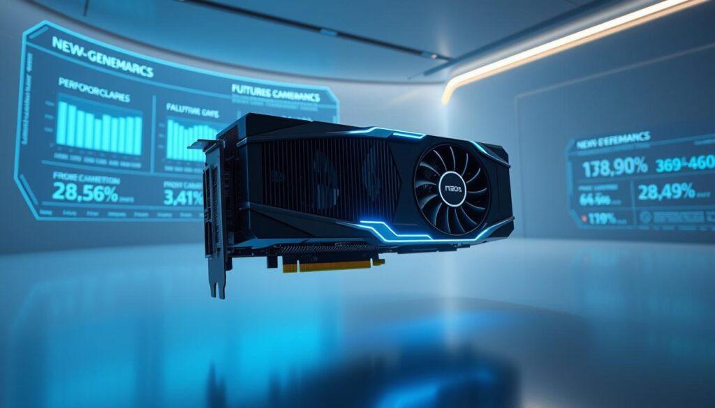 A futuristic, ultra-high-performance gaming GPU floats in a sleek, minimalist environment. The GPU's intricate heatsink and cooling system are illuminated by cool, blue-tinted lighting, casting dramatic shadows. The background is a panoramic, holographic display of next-generation graphics benchmarks and performance statistics, hinting at the GPU's unparalleled capabilities. The scene conveys a sense of power, innovation, and the promise of future-proofed gaming experiences. A futuristic, ultra-high-performance gaming GPU floats in a sleek, minimalist environment. The GPU's intricate heatsink and cooling system are illuminated by cool, blue-tinted lighting, casting dramatic shadows. The background is a panoramic, holographic display of next-generation graphics benchmarks and performance statistics, hinting at the GPU's unparalleled capabilities. The scene conveys a sense of power, innovation, and the promise of future-proofed gaming experiences.