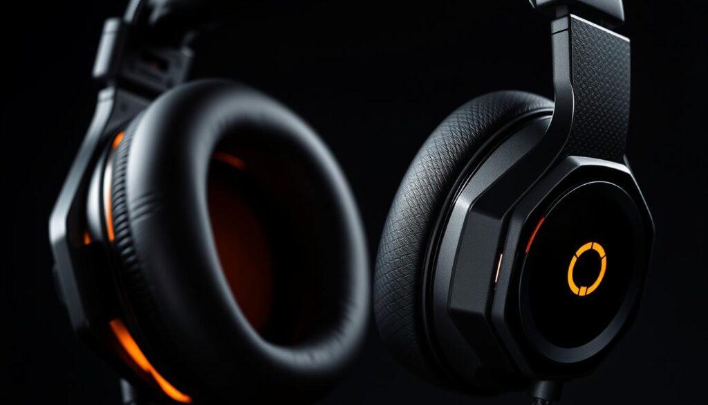 A high-quality gaming headset in a striking close-up, showcasing its rugged construction and premium materials. The headband is made of sturdy, reinforced metal with a matte black finish, the ear cups are encased in durable, textured plastic, and the adjustable, padded headband and earcups provide a secure, comfortable fit. Soft, breathable leatherette covers the earcups, which are attached to the headset with a robust hinge mechanism. The cables are braided and reinforced, with a tangle-resistant design. The entire assembly is backlit with a subtle, even glow, creating a sleek, high-tech aesthetic. Dramatic side and front-on angles highlight the headset's solid, premium build quality and attention to detail.