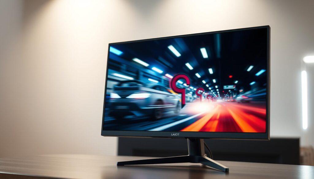 A high-tech gaming monitor displays a vivid, blur-free image with exceptional motion clarity. In the foreground, the screen showcases a fast-paced action scene, rendered with crisp, fluid movements. Soft, diffused lighting illuminates the monitor, creating an immersive, cinema-like atmosphere. In the middle ground, the monitor's sleek, modern design features a thin bezel and premium materials, hinting at its advanced display technology. The background suggests a minimalist, tech-forward setting, with subtle lighting accents highlighting the monitor's advanced capabilities.