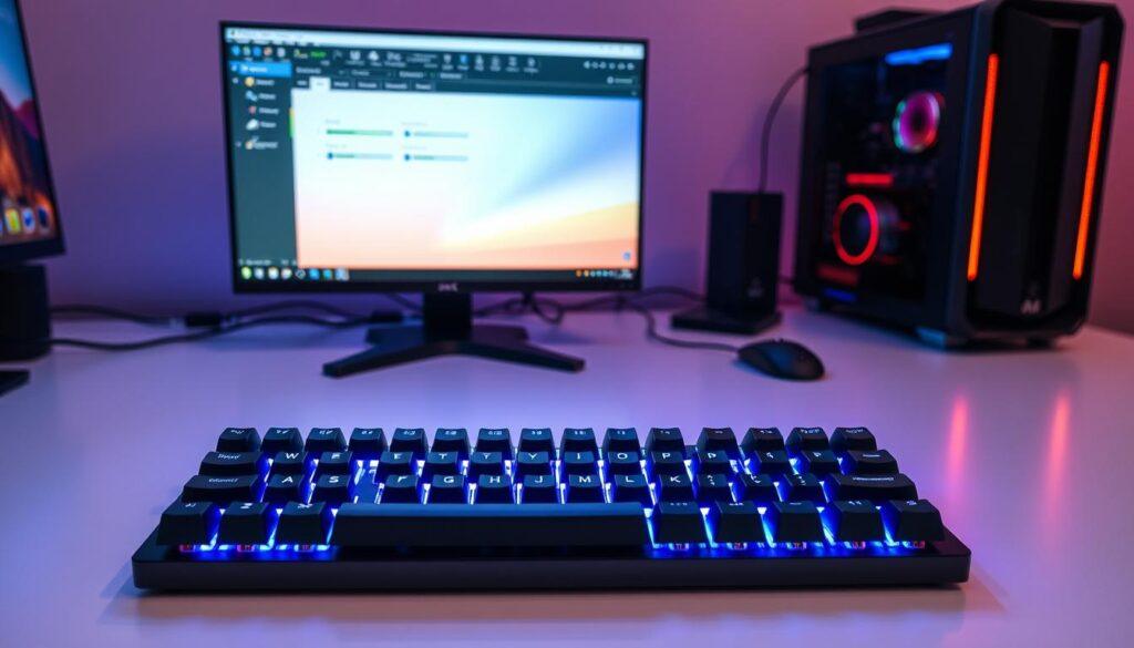 A meticulously designed mechanical keyboard lies on a sleek, minimalist desk, its customizable RGB backlighting casting a soft, ambient glow. In the foreground, a computer screen displays an intuitive software interface, with sliders and toggles for adjusting lighting effects, macro programming, and key bindings. The middle ground features an array of mechanical key switches, their intricate inner workings visible, while the background showcases a high-end gaming setup, complete with a powerful desktop PC and a trio of high-resolution monitors.