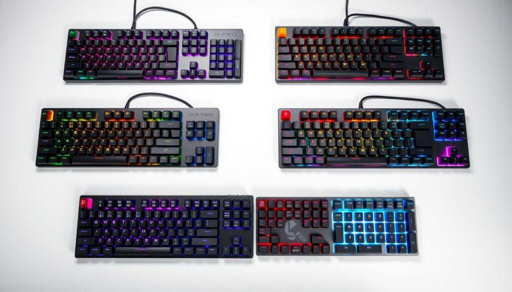 A meticulously detailed, high-resolution comparison of four flagship gaming mechanical keyboards, shot with a high-quality studio camera against a clean, minimalist white backdrop. The keyboards are neatly arranged in a grid formation, showcasing their intricate designs, key textures, and unique RGB backlighting. Precise, even lighting highlights the keyboards' distinctive features, materials, and workmanship, inviting the viewer to closely examine and appreciate the craftsmanship of each model. A sense of technical precision and product photography permeates the scene, setting the stage for an in-depth analysis of these mechanical marvels.