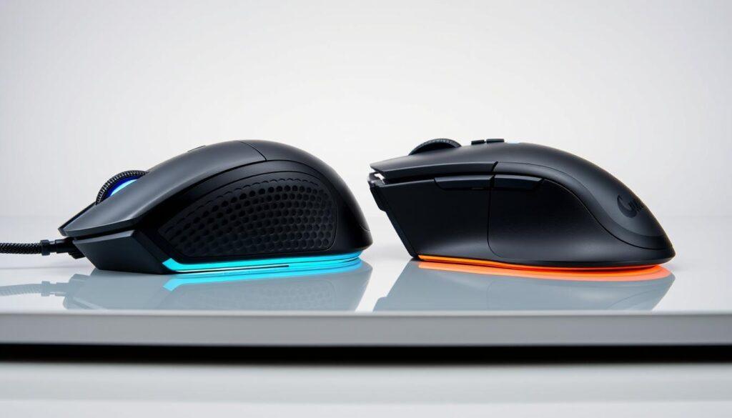 A side-by-side comparison of high-performance gaming mice showcasing their ergonomic designs. A clean, well-lit studio scene with the mice placed on a sleek, reflective surface. Diffused lighting highlights the intricate textures and contours of each mouse, allowing their unique shapes and comfort-focused features to be clearly visible. The mice are positioned at a slight angle, inviting the viewer to closely examine and compare the ergonomic differences between them. The background is a neutral, minimalist setting, keeping the focus solely on the mice and their ergonomic qualities.