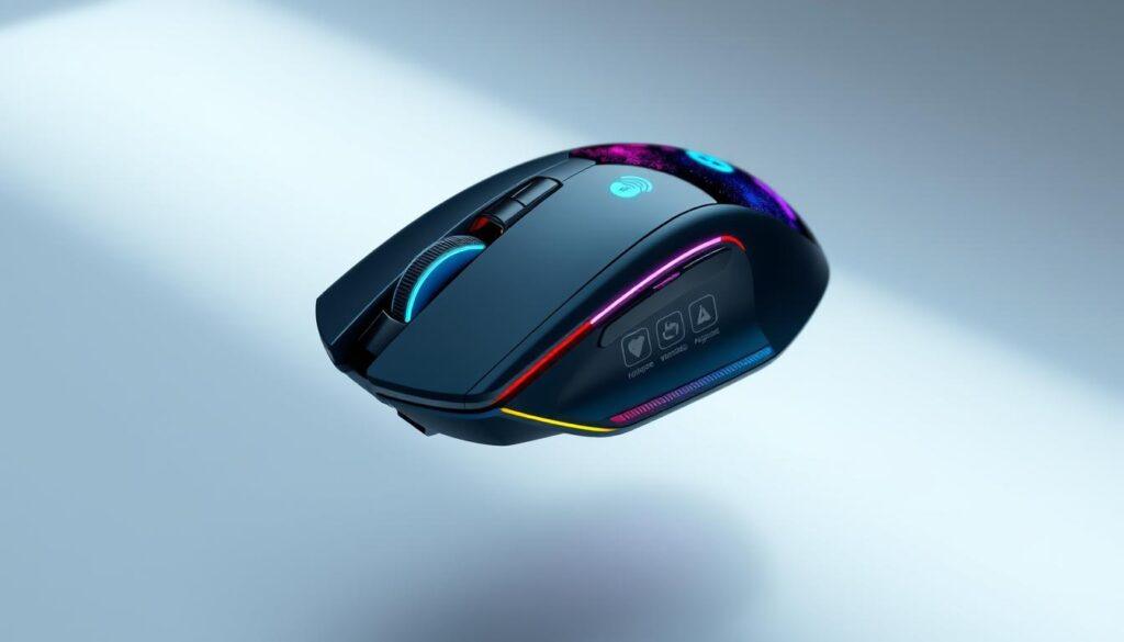 A sleek, ergonomically designed wireless gaming mouse hovers in a well-lit, minimalist setting. The mouse's surface reflects a vibrant, colorful display showcasing various security features - biometric authentication, encrypted wireless connectivity, and tamper-evident chassis. The background features a clean, muted gradient, allowing the mouse and its tech details to take center stage. Crisp, high-resolution rendering captures the intricate textures and subtle lighting effects, conveying a sense of advanced, secure computing power in a compact, cordless form factor.