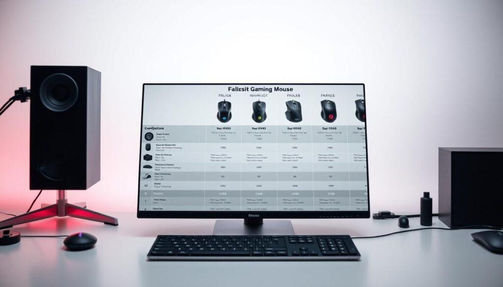 A sleek, high-quality gaming mouse comparison chart displayed on a modern, minimalist desktop setup. The chart features an array of flagship gaming mice arranged neatly, showcasing their key specifications and pricing information. The lighting is soft and diffused, creating a professional, analytical atmosphere. The camera angle is slightly elevated, providing an overview of the setup. The background is a clean, neutral-toned surface, allowing the comparison chart to be the focal point. The overall composition emphasizes the importance of the value analysis, inviting the viewer to closely examine the details and make an informed purchasing decision.