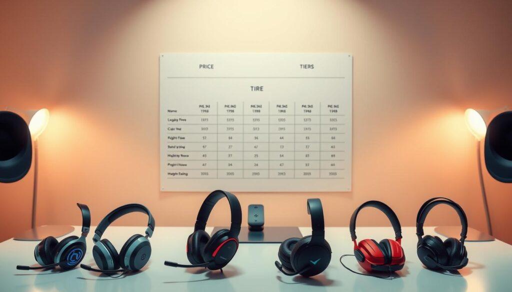 A sleek, modern desk with a clean, minimalist aesthetic. In the foreground, a neatly arranged selection of gaming headsets in various colors and designs, showcasing their distinctive features. The middle ground features a clear, comparative pricing table with well-organized tiers, allowing the viewer to assess the value proposition of each headset. The background is softly lit, creating a warm, professional atmosphere that complements the subject matter. The overall composition emphasizes the headsets' design, quality, and pricing considerations, providing a comprehensive visual aid for the "Pricing Table & Tiered Recommendations" section of the article.