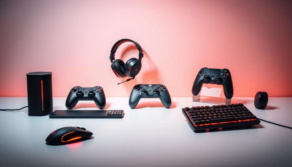 A sleek, modern gaming setup showcases a selection of premium wireless gaming peripherals, meticulously curated by discerning editors. In the foreground, a state-of-the-art wireless gaming mouse and keyboard sit atop a pristine desk, their contours and accents gleaming under warm, directional lighting. In the middle ground, a high-performance wireless gaming headset and gamepad are arranged, their minimalist designs hinting at their advanced capabilities. The background features a seamless, monochrome backdrop, allowing the featured products to take center stage. The overall composition exudes a sense of refinement, innovation, and the effortless power of untethered gaming.