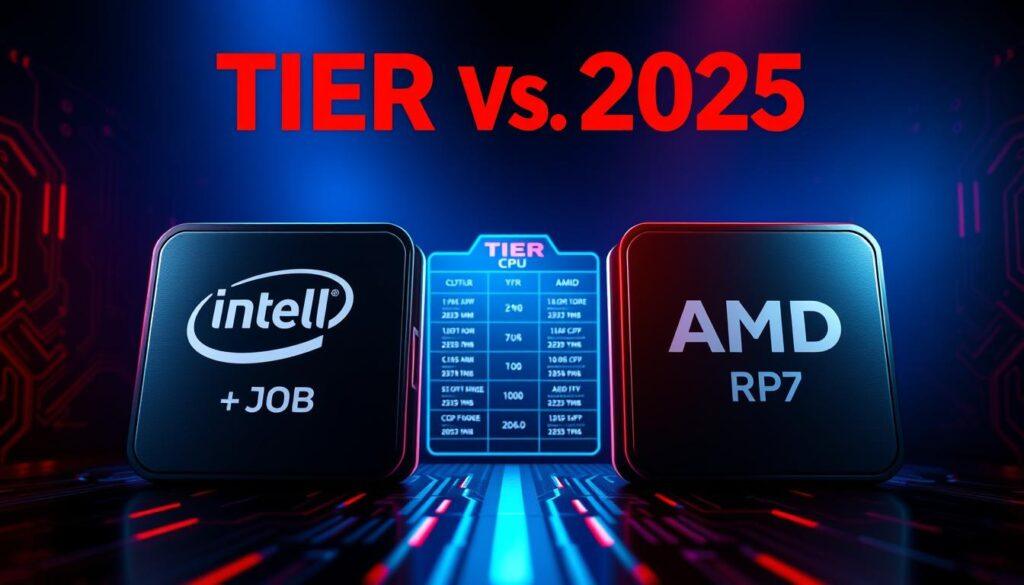 A visually striking tier comparison graphic illustrating Intel and AMD CPUs for gaming performance in 2025. In the foreground, two distinct tiers representing Intel and AMD CPUs side by side, with sleek, high-tech designs showcasing the latest models. The middle ground features a stylized chart-like structure that highlights the performance metrics and characteristics of each tier. The background is a gradient blend of blue and red, symbolizing the rivalry, with subtle circuit patterns to enhance the technological theme. The lighting is vibrant and dramatic, accentuating the CPUs, casting sharp shadows for depth. The angle is slightly elevated, providing a dynamic perspective that draws the viewer into the competitive landscape of gaming CPUs. The overall mood is powerful and competitive, perfectly capturing the essence of high-performance gaming technology. A visually striking tier comparison graphic illustrating Intel and AMD CPUs for gaming performance in 2025. In the foreground, two distinct tiers representing Intel and AMD CPUs side by side, with sleek, high-tech designs showcasing the latest models. The middle ground features a stylized chart-like structure that highlights the performance metrics and characteristics of each tier. The background is a gradient blend of blue and red, symbolizing the rivalry, with subtle circuit patterns to enhance the technological theme. The lighting is vibrant and dramatic, accentuating the CPUs, casting sharp shadows for depth. The angle is slightly elevated, providing a dynamic perspective that draws the viewer into the competitive landscape of gaming CPUs. The overall mood is powerful and competitive, perfectly capturing the essence of high-performance gaming technology.