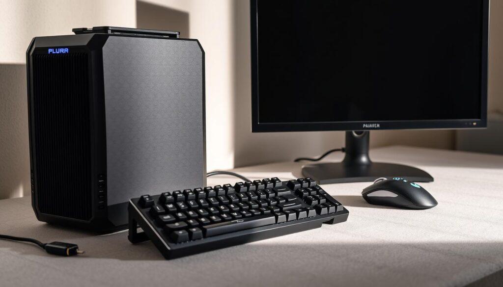 A well-lit product photography setup showcases a collection of high-quality yet affordable PC components, including a powerful but budget-friendly CPU, a capable mid-range GPU, a sleek and minimalist gaming keyboard and mouse, and a crisp, high-refresh-rate monitor. The components are arranged on a clean, textured surface, with subtle side lighting to accentuate their details and a slightly warm color temperature to evoke a sense of premium quality. The overall composition is balanced, drawing the viewer's eye to the key elements that make up an exceptional budget gaming PC.