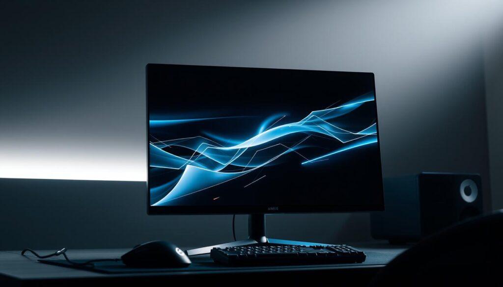 An ultramodern, sleek gaming monitor with a razor-sharp, high-refresh display. Sitting on a stylish, minimalist desk, its screen shimmers with crystalline clarity, bathed in a soft, cool light that brings out the monitor's streamlined, angular design. In the foreground, gaming peripherals like a precision mouse and mechanical keyboard hint at the high-performance capabilities within, ready to provide a competitive edge. The background fades into a moody, monochromatic scene, emphasizing the monitor as the focal point of an elite, esports-ready setup.