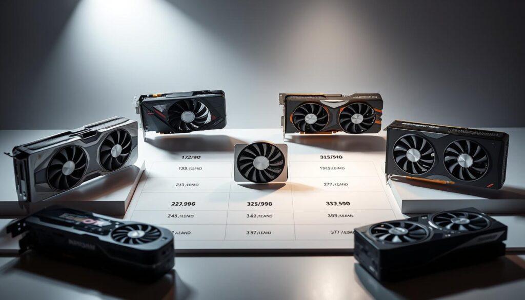 Detailed comparison of the latest and greatest gaming GPUs, showcased in a sleek, minimalist display. Vibrant, high-contrast visuals with clean layouts and precise measurements, allowing potential buyers to easily assess pricing, performance, and value. A neutral color palette with subtle metallic accents creates a sophisticated, tech-savvy atmosphere. Dramatic lighting from multiple angles highlights the intricate product details, while a shallow depth of field draws the viewer's attention to the key information. The overall composition strikes a balance between professionalism and visual appeal, making it an ideal illustration for the "Price, Availability & Value" section of the article. Detailed comparison of the latest and greatest gaming GPUs, showcased in a sleek, minimalist display. Vibrant, high-contrast visuals with clean layouts and precise measurements, allowing potential buyers to easily assess pricing, performance, and value. A neutral color palette with subtle metallic accents creates a sophisticated, tech-savvy atmosphere. Dramatic lighting from multiple angles highlights the intricate product details, while a shallow depth of field draws the viewer's attention to the key information. The overall composition strikes a balance between professionalism and visual appeal, making it an ideal illustration for the "Price, Availability & Value" section of the article.