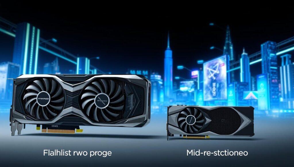 Detailed, high-resolution comparison of a flagship GPU and a mid-range GPU showcasing their relative future-proofing capabilities. Sleek, metallic, and technical aesthetic. Foreground displays the two GPUs side-by-side, illuminated by cool-toned lighting that highlights their intricate designs and advanced cooling solutions. Midground features a 3D render of upcoming game titles and applications, emphasizing the GPUs' ability to handle increasingly demanding workloads. Background depicts a futuristic cityscape with skyscrapers and holograms, conveying a sense of technological progress and the long-term viability of the graphics hardware.