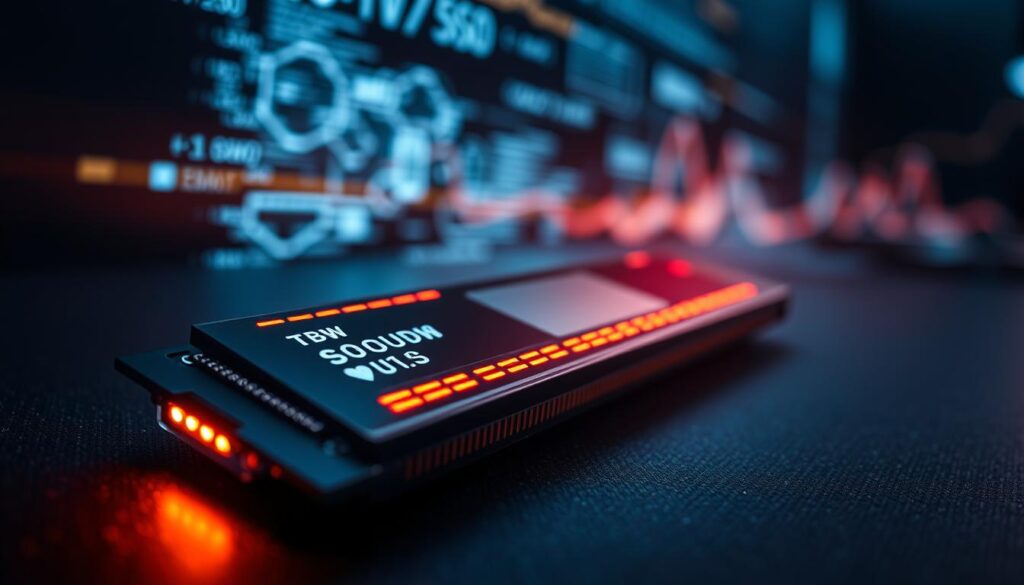 A close-up view of advanced endurance TBW (Terabytes Written) storage technology exemplified by a sleek, futuristic NVMe SSD. The foreground features the SSD with illuminated LED indicators showcasing its performance metrics, elegantly positioned on a dark, textured surface. In the middle ground, a translucent casing reveals intricate circuit board details, highlighting cutting-edge components. The background is blurred but suggests a high-tech environment, with lines of code and abstract data visualizations softly illuminated in cool hues. Bright, focused lighting accentuates the SSD's contours and enhances the technological feel, while a slight angle perspective adds depth and intrigue to the composition, evoking an atmosphere of innovation and sophistication, perfect for a tech-savvy audience. A close-up view of advanced endurance TBW (Terabytes Written) storage technology exemplified by a sleek, futuristic NVMe SSD. The foreground features the SSD with illuminated LED indicators showcasing its performance metrics, elegantly positioned on a dark, textured surface. In the middle ground, a translucent casing reveals intricate circuit board details, highlighting cutting-edge components. The background is blurred but suggests a high-tech environment, with lines of code and abstract data visualizations softly illuminated in cool hues. Bright, focused lighting accentuates the SSD's contours and enhances the technological feel, while a slight angle perspective adds depth and intrigue to the composition, evoking an atmosphere of innovation and sophistication, perfect for a tech-savvy audience.