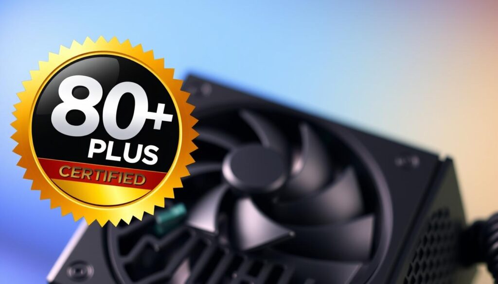 A close-up view of an 80 Plus power efficiency certification sticker prominently displayed on a sleek, modern power supply unit. The foreground features the glossy certification logo, with a shiny gold and silver finish that reflects light. In the middle, the power supply unit is designed with an intricate cooling fan and high-quality components visible through a transparent casing. The background shows a subtle gradient of blue and green hues, evoking a sense of advanced technology and energy efficiency. Soft, diffused lighting enhances the sleek contours of the power supply, creating a professional and polished atmosphere. The image conveys a focus on innovation and performance, ideal for showcasing noise and efficiency features.