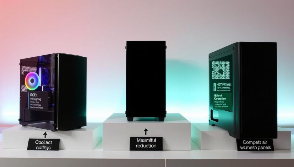 A detailed comparison of SFF (Small Form Factor) PC cases displayed in a tiered arrangement. In the foreground, showcase three distinct cases: one with a transparent side panel highlighting RGB lighting, another with a minimalist black design emphasizing silent operation, and a compact model that maximizes airflow with mesh panels. The middle ground features labels and arrows pointing out key features like cooling performance, noise reduction, and aesthetic appeal. In the background, a soft gradient lighting setup enhances the cases, creating an inviting atmosphere. Use a slightly elevated angle to capture all elements clearly, while maintaining a clean, modern look. The overall mood is informative yet visually engaging, perfect for a tech enthusiast audience.