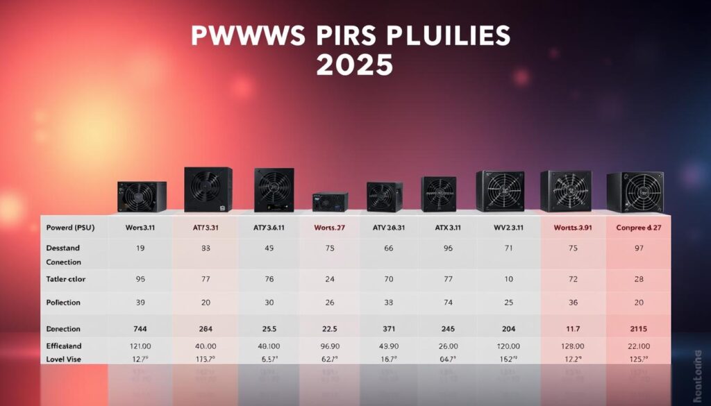 A detailed, tiered comparison chart of power supply units (PSUs) for 2025, featuring various models organized from best to worst based on efficiency and performance ratings. In the foreground, the highlighted PSU models showcase sleek, modern designs and colors, including ATX 3.0 and 3.1 variants along with 12V-2x6 connectors. The middle of the image includes a visually distinct tiered structure, with each tier clearly marked and visually differentiated through shading and color gradients. The background is a subtle gradient that showcases a high-tech, futuristic feeling, enhanced by soft, ambient lighting that suggests innovation and reliability. Overall, the atmosphere conveys professionalism and clarity, suitable for tech enthusiasts and industry professionals.