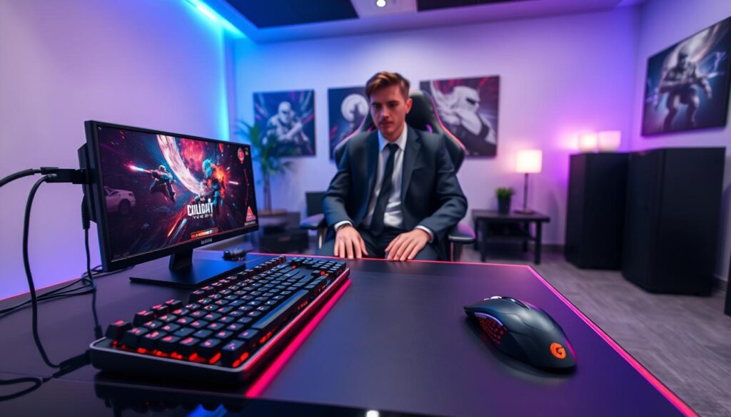 A high-end professional gaming setup is prominently featured in a sleek, modern gaming room. In the foreground, a glossy black and RGB-lit gaming desk displays a cutting-edge mechanical keyboard, a high-performance gaming mouse, and dual ergonomic monitors showing vibrant game graphics. In the middle, an advanced gaming chair with adjustable features supports a professional gamer in stylish business casual attire, focused intently on the screen. The background reveals subtle ambient lighting that enhances the mood, with wall art featuring gaming motifs. The room is bathed in soft blue and purple hues, creating an immersive atmosphere ideal for competitive gaming. The lens perspective is slightly angled from above, giving a comprehensive view of the entire setup, accentuating the attention to detail and professionalism of a tournament-ready kit. A high-end professional gaming setup is prominently featured in a sleek, modern gaming room. In the foreground, a glossy black and RGB-lit gaming desk displays a cutting-edge mechanical keyboard, a high-performance gaming mouse, and dual ergonomic monitors showing vibrant game graphics. In the middle, an advanced gaming chair with adjustable features supports a professional gamer in stylish business casual attire, focused intently on the screen. The background reveals subtle ambient lighting that enhances the mood, with wall art featuring gaming motifs. The room is bathed in soft blue and purple hues, creating an immersive atmosphere ideal for competitive gaming. The lens perspective is slightly angled from above, giving a comprehensive view of the entire setup, accentuating the attention to detail and professionalism of a tournament-ready kit.