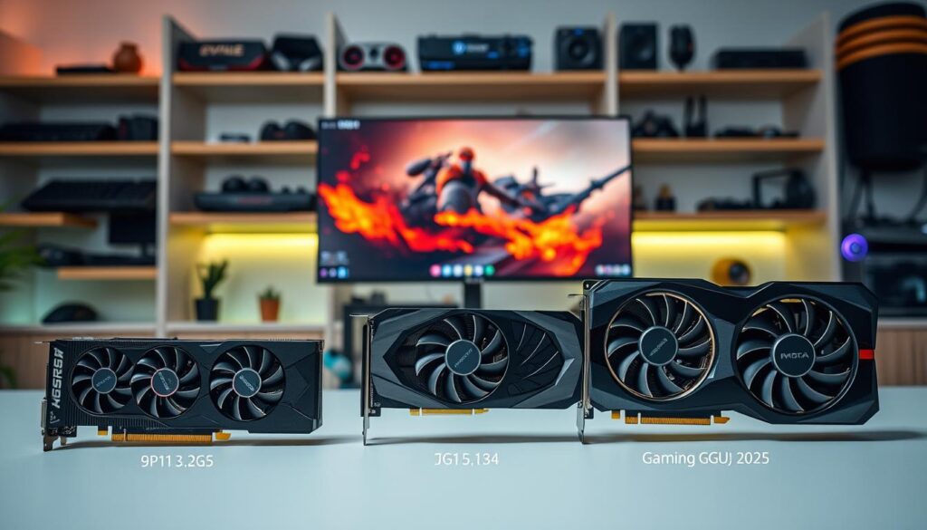 A high-quality image showcasing a size comparison of the top gaming GPUs for 2025, positioned on a sleek, modern gaming desk. In the foreground, three graphics cards of varying sizes are displayed, with detailed labels indicating their model names and specifications. The middle ground features a well-lit gaming setup with a high-resolution monitor displaying vibrant graphics, alongside peripherals like a mechanical keyboard and RGB gaming mouse. The background is subtly blurred, featuring shelves lined with neatly organized gaming accessories, creating a cozy yet professional atmosphere. Soft, ambient lighting highlights the GPUs, casting gentle shadows that enhance their textures. The angle is slightly above eye level, allowing for a comprehensive view of the size differences among the cards, evoking a sense of depth and engagement. A high-quality image showcasing a size comparison of the top gaming GPUs for 2025, positioned on a sleek, modern gaming desk. In the foreground, three graphics cards of varying sizes are displayed, with detailed labels indicating their model names and specifications. The middle ground features a well-lit gaming setup with a high-resolution monitor displaying vibrant graphics, alongside peripherals like a mechanical keyboard and RGB gaming mouse. The background is subtly blurred, featuring shelves lined with neatly organized gaming accessories, creating a cozy yet professional atmosphere. Soft, ambient lighting highlights the GPUs, casting gentle shadows that enhance their textures. The angle is slightly above eye level, allowing for a comprehensive view of the size differences among the cards, evoking a sense of depth and engagement.