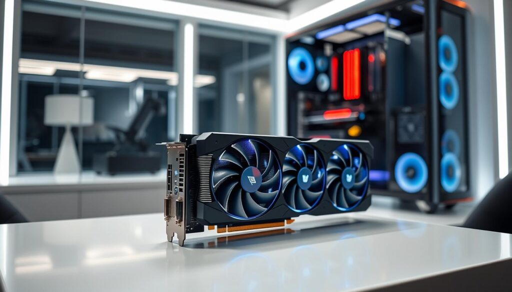 A high-tech gaming GPU showcased on a sleek, modern table in an elegantly lit room, emphasizing its advanced thermal management features. In the foreground, the GPU prominently displays a unique cooling solution with metallic heat pipes and fans, highlighted with soft blue LED lights. In the middle, a close-up view reveals thermal paste correlations and heat sinks, illustrating efficiency in design. The background features a blurred PC build with glass panels, showcasing the motherboard and other components, to convey an immersive gaming setup. Bright, focused lighting enhances the product’s details, while a subtle glow adds a futuristic atmosphere, encapsulating the essence of high-performance gaming hardware. A high-tech gaming GPU showcased on a sleek, modern table in an elegantly lit room, emphasizing its advanced thermal management features. In the foreground, the GPU prominently displays a unique cooling solution with metallic heat pipes and fans, highlighted with soft blue LED lights. In the middle, a close-up view reveals thermal paste correlations and heat sinks, illustrating efficiency in design. The background features a blurred PC build with glass panels, showcasing the motherboard and other components, to convey an immersive gaming setup. Bright, focused lighting enhances the product’s details, while a subtle glow adds a futuristic atmosphere, encapsulating the essence of high-performance gaming hardware.