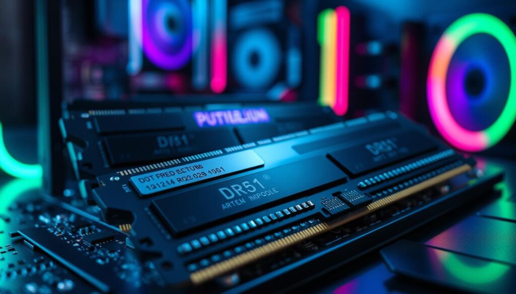 A highly detailed illustration of a DDR5 memory module rank configuration, showcasing various ranks and integrated circuits (ICs) on a sleek black circuit board. In the foreground, display a close-up of a dual-rank memory stick, emphasizing the individual chips with intricate labeling and textures. The middle ground features multiple modules arranged artfully, highlighting their connection points and electrical contacts. The background subtly includes a blurred computer setup with RGB lighting, creating a dynamic gaming atmosphere. Use soft, cool lighting to enhance the sleek design of the modules. Capture the image with a macro lens to emphasize the fine details, evoking a sense of advanced technology and innovation in the gaming world.
