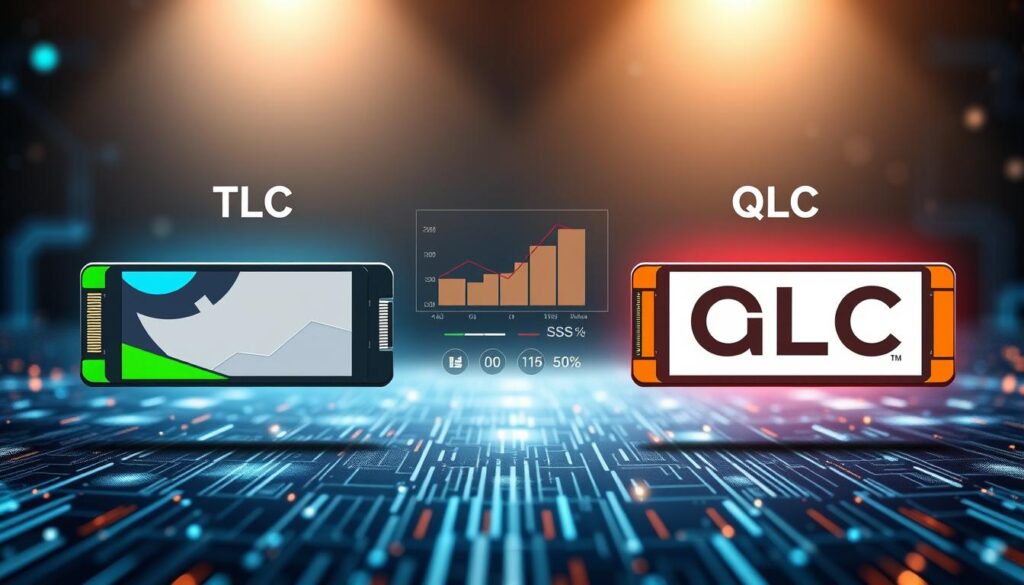 A sleek and modern infographic comparing TLC and QLC storage technologies, visually split into two halves. In the foreground, two stylized SSD representations – one labeled TLC with vibrant blue and green accents, the other labeled QLC with bold red and orange tones. In the middle layer, data read/write speed graphs and capacity icons are illustrated, showcasing performance metrics. The background features an abstract digital landscape, subtly glowing with circuit patterns and data streams, evoking a high-tech atmosphere. Soft lighting casts a professional glow over the image, with a slight lens flair effect to enhance depth. The overall mood should be informative and dynamic, appealing to tech-savvy readers interested in data storage advancements. A sleek and modern infographic comparing TLC and QLC storage technologies, visually split into two halves. In the foreground, two stylized SSD representations – one labeled TLC with vibrant blue and green accents, the other labeled QLC with bold red and orange tones. In the middle layer, data read/write speed graphs and capacity icons are illustrated, showcasing performance metrics. The background features an abstract digital landscape, subtly glowing with circuit patterns and data streams, evoking a high-tech atmosphere. Soft lighting casts a professional glow over the image, with a slight lens flair effect to enhance depth. The overall mood should be informative and dynamic, appealing to tech-savvy readers interested in data storage advancements.