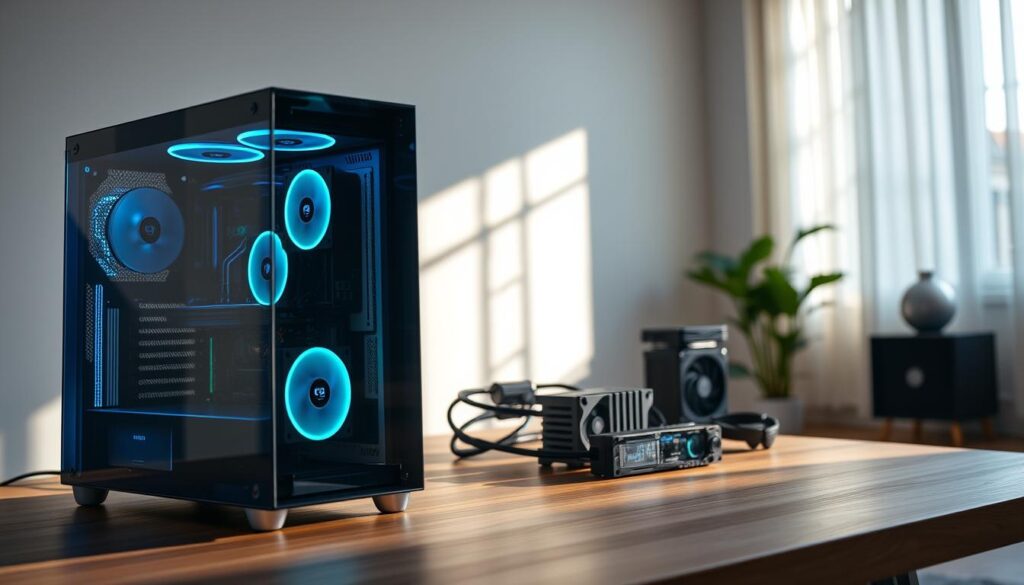 A sleek, modern PC case designed for optimal airflow, showcasing a transparent tempered glass side panel revealing an intricate internal setup with multiple fans and RGB lighting. The foreground features the case prominently displayed on a minimalist wooden desk, featuring a vibrant blue and teal color scheme. In the middle ground, various cooling components are arranged artistically, emphasizing fans and heat sinks for maximum airflow. In the background, a softly lit room with subtle shadows creates a focused ambiance, highlighting the importance of airflow design. Natural light filters through a nearby window, casting soft, warm tones over the scene, adding a sense of sophistication and technology.