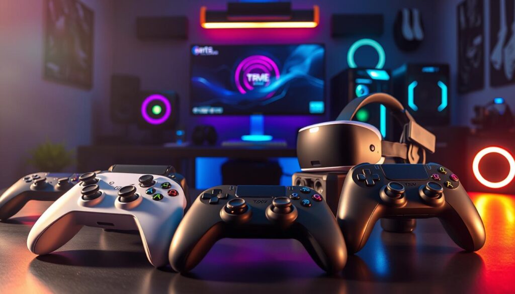 A sleek, modern gaming setup showcasing cutting-edge gaming gear for 2025, featuring a variety of stylish controllers and VR headsets prominently in the foreground. The controllers should be diverse, including both traditional gamepad styles and innovative designs, while the VR headsets are state-of-the-art with sleek lines and vibrant colors. In the middle, an elegant gaming desk with RGB lighting creates a dynamic ambiance. A high-resolution gaming monitor and a powerful gaming PC are subtly visible, enhancing the overall tech-savvy environment. The background features a dimly lit room with futuristic decor, exuding a high-energy and immersive gaming atmosphere. Use soft, dramatic lighting to highlight the gear's details, captured from a slightly elevated angle for depth. A sleek, modern gaming setup showcasing cutting-edge gaming gear for 2025, featuring a variety of stylish controllers and VR headsets prominently in the foreground. The controllers should be diverse, including both traditional gamepad styles and innovative designs, while the VR headsets are state-of-the-art with sleek lines and vibrant colors. In the middle, an elegant gaming desk with RGB lighting creates a dynamic ambiance. A high-resolution gaming monitor and a powerful gaming PC are subtly visible, enhancing the overall tech-savvy environment. The background features a dimly lit room with futuristic decor, exuding a high-energy and immersive gaming atmosphere. Use soft, dramatic lighting to highlight the gear's details, captured from a slightly elevated angle for depth.
