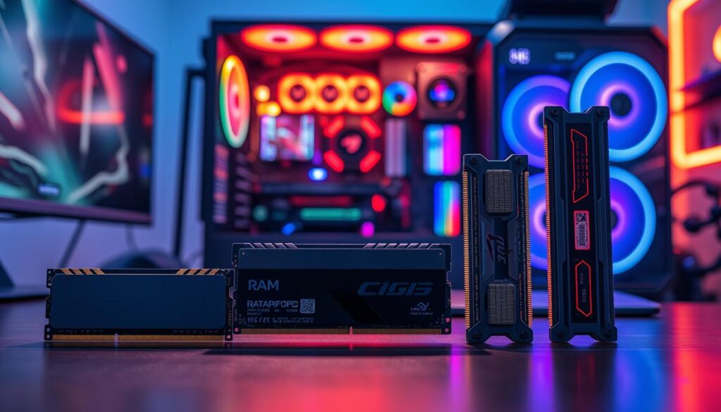 A visually striking image illustrating a RAM heatspreaders height comparison, presented on a sleek, modern desk. In the foreground, three different RAM heatspreaders are arranged side by side, showcasing various heights and designs—one low-profile, one mid-range, and one tall, with distinct textures and colors. The middle layer features a blurred gaming setup, with RGB lighting casting a subtle glow on the RAM. The background consists of a soft-focus view of a high-end gaming PC, accentuating the technology theme. Use cool, dynamic lighting to create an energetic atmosphere, highlighting the unique features of each heatspreader with a slight overhead angle to emphasize their height differences. The overall mood should convey an advanced tech environment, inviting enthusiasts and gamers alike.