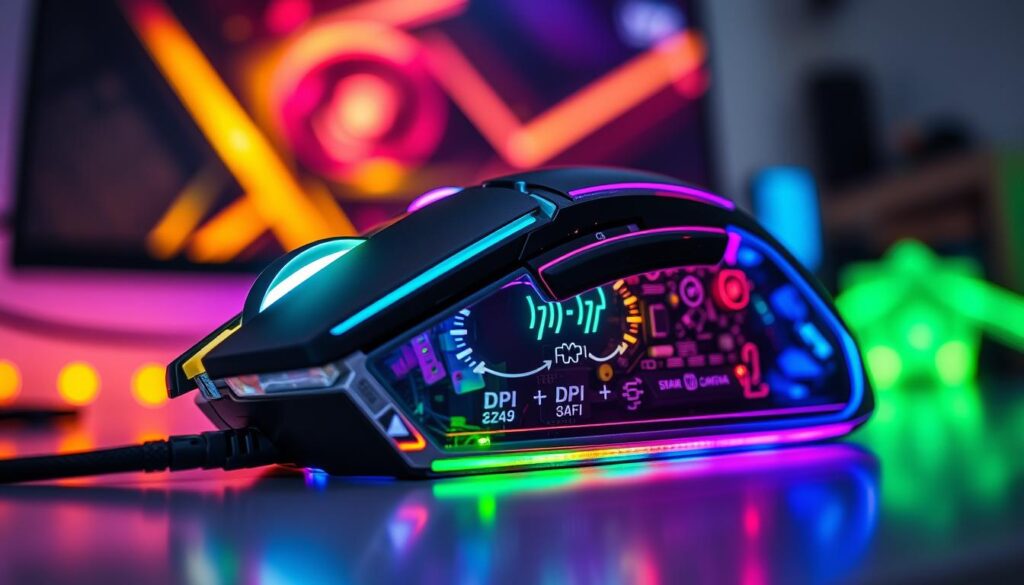 A close-up image focusing on advanced gaming mouse sensor technology, showcasing intricate details of a high-performance optical sensor and adjustable DPI settings displayed on an illuminated panel. In the foreground, a sleek gaming mouse with transparent components reveals a vibrant, multicolored RGB lighting effect highlighting the sensor's complexity. In the middle ground, there are graphic elements illustrating DPI ranges and sensitivity adjustments, layered with faint circuitry patterns. The background is a softly blurred gaming setup, featuring a modern gaming monitor and ambient LED lights to set the mood, creating a dynamic and tech-savvy atmosphere. The lighting is bright but soft, emphasizing clarity and precision, while the angle is slightly above the mouse, providing a dramatic perspective.