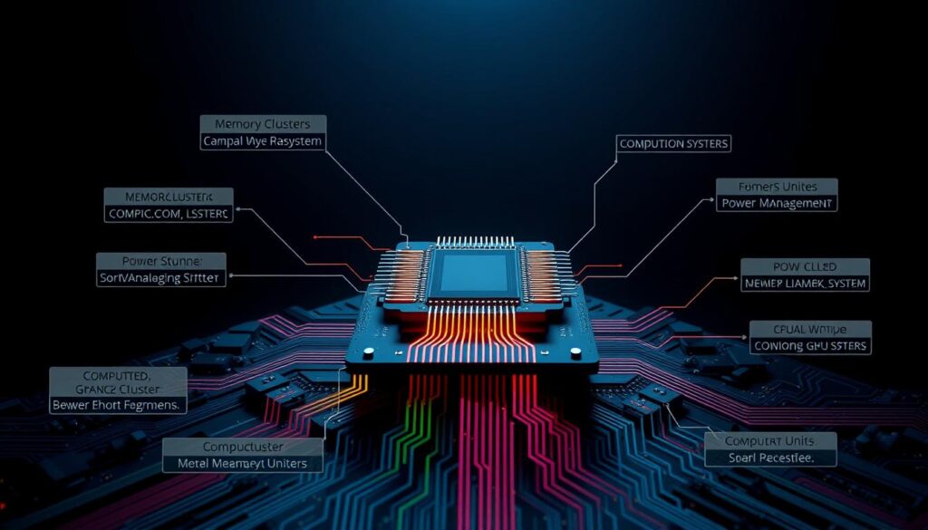 A detailed and futuristic diagram representing the Blackwell Architecture of GPU technology, featuring intricate circuitry and architectural elements. In the foreground, highlight labels and key components such as memory clusters, computation units, and power management systems, all designed with sleek, modern aesthetics. The middle layer should contain a 3D rendering of the GPU chip, with colorful circuit pathways emanating from it, showcasing data flow. The background should be a subtle gradient of deep blue and black, suggesting a high-tech ambiance. Use dramatic, focused lighting to emphasize the texture of the chip and its components, creating a sense of depth. Capture the innovation of 2024 with a clean, professional composition, devoid of any text or distractions.