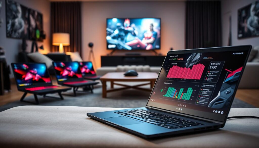 A detailed and visually engaging breakdown of gaming laptop battery life comparison. In the foreground, a sleek gaming laptop sits open, its screen displaying colorful battery life graphs and stats. To the left, an array of different gaming laptops with varying designs and sizes, showcasing their battery specs on small, clear labels. The middle ground features a softly lit coffee table where a few gaming accessories like a mouse and headset are present, adding context. In the background, a modern gaming room with ambient lighting and a large monitor displaying intense gaming action, enhancing the atmosphere of a serious gamer’s environment. Soft, focused lighting highlights the laptops while creating a tech-savvy mood, shot from a slightly above angle for a comprehensive view.