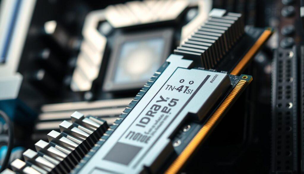 A detailed close-up of DDR5 RAM sticks, showcasing their sleek, high-tech design with elegant heat spreaders. The foreground features two RAM modules with metallic surfaces reflecting light, capturing fine details such as labeling and pins. The middle layer includes a blurred-out background of a modern computer motherboard, emphasizing the RAM's integration into advanced technology. Soft, cool lighting creates an atmosphere of innovation, enhancing the futuristic appeal of the RAM. A shallow depth of field focusses sharply on the RAM sticks while gradually fading out the background. The scene radiates a sense of high performance and cutting-edge technology, suitable for a tech-focused article.