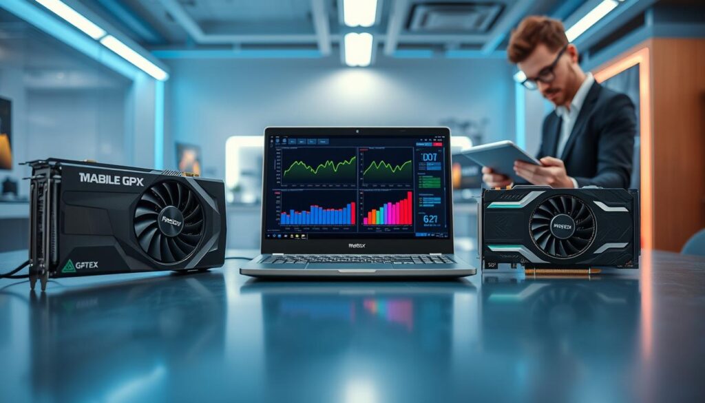 A futuristic, detailed comparison image showcasing mobile GPUs' performance for gaming laptops. In the foreground, prominent graphics cards are arranged side by side, each labeled with their model and specs. The middle section features a sleek gaming laptop displaying benchmark graphs in vibrant colors, emphasizing performance differences. The background is a modern tech environment with soft blue lighting, highlighting a clean workspace. A professional individual in business attire is analyzing data on a tablet, contributing an element of professionalism. Use a shallow depth of field to blur the background slightly while keeping the GPUs and laptop sharp and in focus. The atmosphere is high-tech and informative, ideal for a comparative analysis.