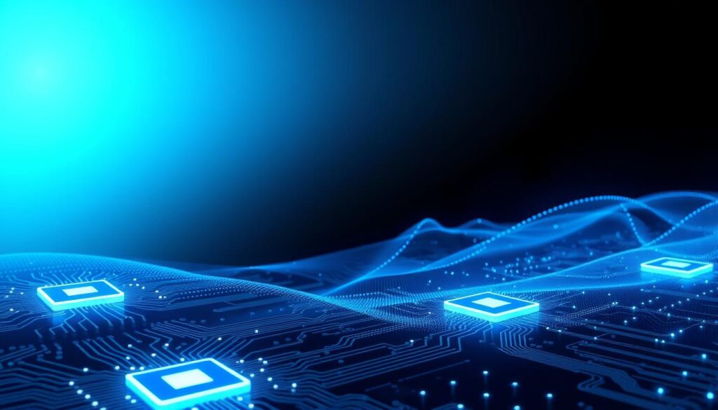 A high-tech illustration showcasing an abstract representation of "CUDA." In the foreground, intricate circuit patterns and glowing GPU chips dominate the scene, emanating a vivid blue light. The middle ground features a digital landscape with dynamic lines and nodes symbolizing data processing and parallel computing, elegantly blending into the background. The background is a sleek, dark gradient that enhances the luminous elements, giving a sense of depth and innovation. Soft, focused lighting highlights the circuitry, creating a futuristic atmosphere. The image captures a sense of advancement and potential, emphasizing the cutting-edge nature of GPU architectures without any text or overlays.