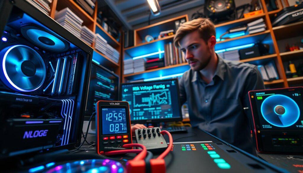 A high-tech workspace focused on "overclocking voltage risk management." In the foreground, a computer workstation featuring a powerful gaming PC, with visible LED components that pulse softly. A digital multimeter displays voltage readings next to a motherboard, illustrating precise adjustments being made. In the middle ground, a professional-looking technician in a business-casual shirt is carefully analyzing the data on a monitor, which shows voltage graphs and performance metrics. The background is filled with shelves of technical manuals and tools, softly lit with blue and green LED lights, creating a futuristic atmosphere. The scene conveys a sense of concentration and innovation, highlighting the importance of risk management in high-performance computing. The angle is slightly elevated to capture both the technician and the intricate equipment in focus. A high-tech workspace focused on "overclocking voltage risk management." In the foreground, a computer workstation featuring a powerful gaming PC, with visible LED components that pulse softly. A digital multimeter displays voltage readings next to a motherboard, illustrating precise adjustments being made. In the middle ground, a professional-looking technician in a business-casual shirt is carefully analyzing the data on a monitor, which shows voltage graphs and performance metrics. The background is filled with shelves of technical manuals and tools, softly lit with blue and green LED lights, creating a futuristic atmosphere. The scene conveys a sense of concentration and innovation, highlighting the importance of risk management in high-performance computing. The angle is slightly elevated to capture both the technician and the intricate equipment in focus.