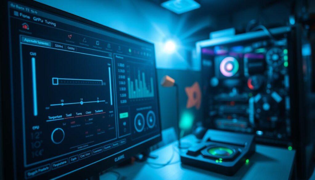 A modern GPU tuning software interface displayed on a sleek, high-resolution monitor. In the foreground, intricate graphical elements highlight clock speed adjustments with sliders and dials, showcasing specific values. The middle ground features a dark, high-tech aesthetic with neon blue and green accents illuminating key metrics like temperature and voltage. In the background, a softly blurred workstation filled with high-performance hardware components, like GPUs and CPUs, creates context. The lighting is cool, emphasizing the technical nature of the software, while a slight lens flare adds depth. The overall mood is focused and dynamic, capturing the precision and excitement of overclocking technology in a professional setting. A modern GPU tuning software interface displayed on a sleek, high-resolution monitor. In the foreground, intricate graphical elements highlight clock speed adjustments with sliders and dials, showcasing specific values. The middle ground features a dark, high-tech aesthetic with neon blue and green accents illuminating key metrics like temperature and voltage. In the background, a softly blurred workstation filled with high-performance hardware components, like GPUs and CPUs, creates context. The lighting is cool, emphasizing the technical nature of the software, while a slight lens flare adds depth. The overall mood is focused and dynamic, capturing the precision and excitement of overclocking technology in a professional setting.