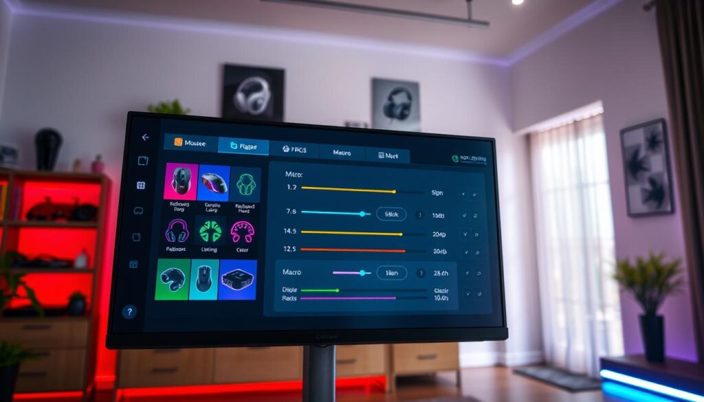 A sleek and modern customization software interface for gaming peripherals, displayed on a high-resolution monitor in a well-lit room. In the foreground, vibrant icons representing various gaming devices such as mice, keyboards, and headsets appear, surrounded by customizable settings like RGB lighting and macro configurations. In the middle ground, a transparent overlay showcases a user-friendly layout with sliders and toggle buttons, and animated visualizations of light effects. The background features subtle gaming-themed decor with a glowing RGB light strip along the edges. The ambiance is dynamic and energetic, evoking a sense of high-performance gaming. The scene is shot from a slightly elevated angle to capture the screen effectively, with soft, focused lighting enhancing the interface's colors and details.