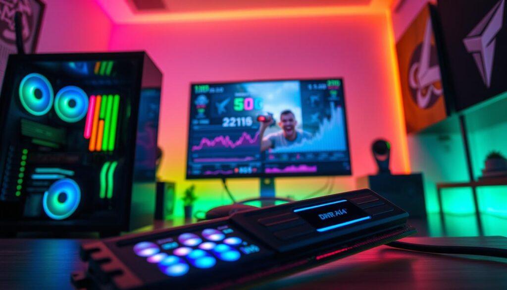 A sleek, modern gaming PC setup occupies the foreground, showcasing high-end components like DDR4 and DDR5 RAM sticks with illuminated heat spreaders. In the middle ground, charts and graphs display performance metrics like frame rates and load times, artistically integrated into the scene. Background features a softly lit gaming room with RGB lighting that creates an engaging atmosphere, highlighting a large monitor streaming gameplay footage. The angle is slightly elevated, providing a clear view of both the PC and the performance visuals. The lighting is dynamic, accentuating the vibrant colors of the components while the overall mood is energetic and focused, reflecting the excitement of gaming performance analysis. No text or additional graphics are present, ensuring a clean and professional presentation.