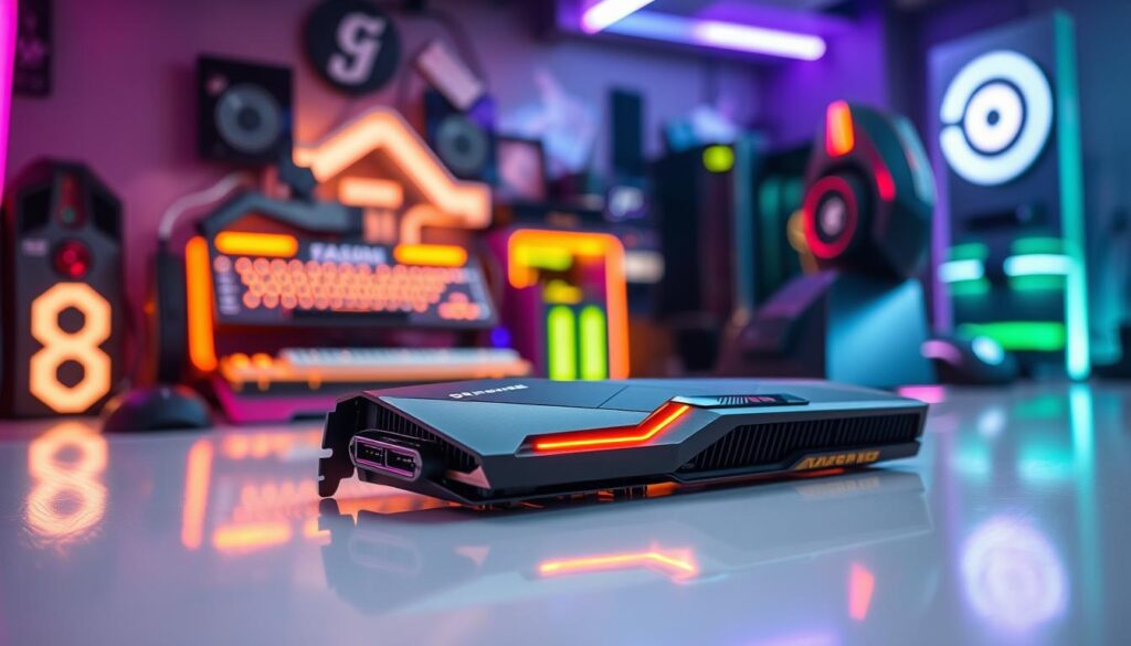 A sleek, modern gaming SSD prominently displayed on a reflective surface, showcasing its futuristic design with sharp edges and glowing LED lights. In the foreground, the SSD should be angled dynamically to reveal intricate details like the PCIe connector and cool fins that dissipate heat. In the middle ground, a high-tech gaming setup is visible with glowing peripherals like a keyboard and mouse, set against a blurred backdrop of a vibrant gaming room illuminated by ambient RGB lighting. The atmosphere is energetic and exciting, emphasizing the cutting-edge technology of 2024. Soft, focused lighting highlights the SSD, creating a dramatic effect that conveys its importance in next-gen gaming. The camera angle is slightly elevated, providing a comprehensive view without any text or distractions.