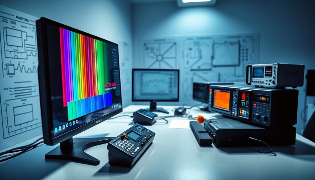 A sophisticated workspace focused on monitor testing tools and methods. In the foreground, a high-end gaming monitor displays a colorful refresh rate test pattern, while a calibration tool is placed beside it. In the middle ground, various testing devices like a colorimeter, input lag tester, and oscilloscopes are meticulously arranged on a sleek desk. The background features a soft-focus view of technical blueprints and charts that illustrate monitor panel types and specifications. The scene is illuminated by cool, ambient lighting casting a professional and technical atmosphere, with an angled view that emphasizes the precision and complexity of the testing setup. The mood is serious yet innovative, capturing the essence of high-tech testing for monitors.