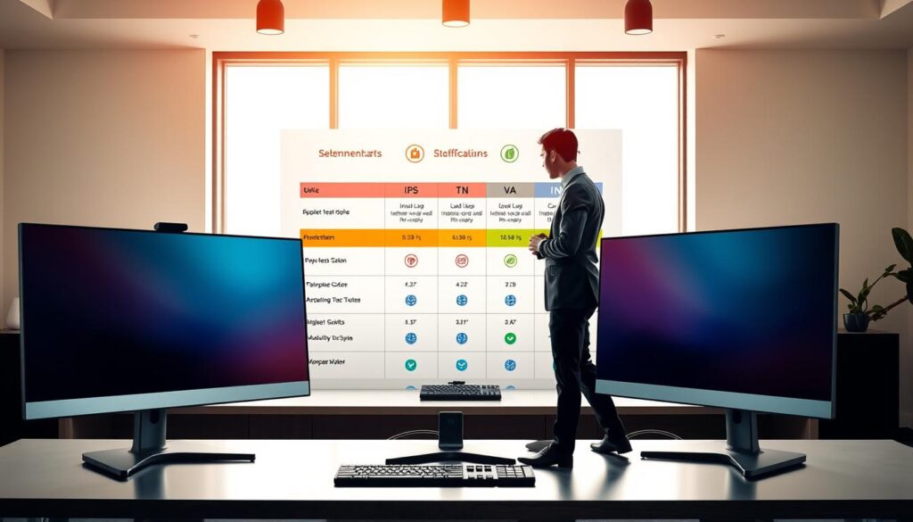 A stylish, informative workspace showcasing a variety of monitor panels for buyer recommendations. In the foreground, three monitors of different types (IPS, TN, VA) are displayed on a sleek, modern desk, each illuminated by soft, diffused lighting. The middle ground features a well-organized selection chart highlighting key specifications like refresh rates and input lag, accented with colorful icons. In the background, a large window allows natural light to filter in, creating a bright and inviting atmosphere. A human figure in professional business attire is analyzing the monitors, positioned at an angle to showcase engagement and focus. The mood is one of collaboration and clarity, emphasizing the importance of informed monitor selection.
