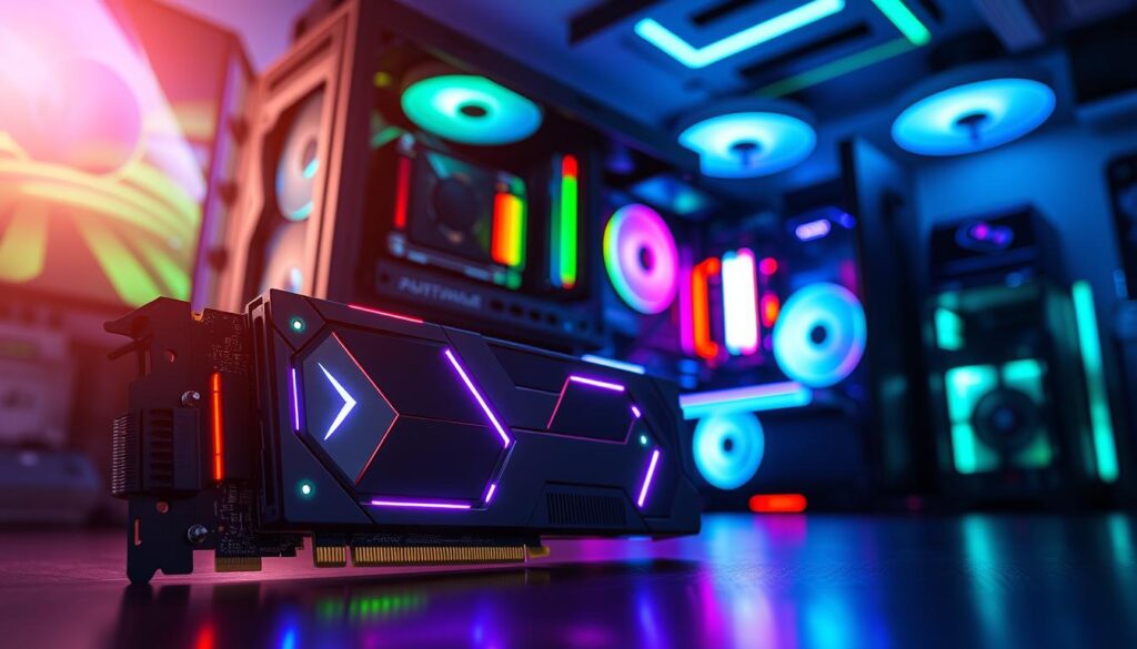 A visually striking representation of a high-performance PCIe 4.0/5.0 NVMe SSD, positioned prominently in the foreground, showcasing its sleek, modern design with glowing LEDs and intricate heat sinks. The middle layer features a dynamic gaming setup, including a high-end gaming PC with translucent panels, revealing the SSD installation while surrounded by colorful RGB lighting. In the background, a futuristic gaming room is illuminated with ambient blue and green lights, hinting at advanced technology and immersive gameplay. The scene should be captured with a macro lens for sharp detail and focus, while maintaining a sense of depth and atmosphere. The overall mood conveys excitement, innovation, and cutting-edge technology in gaming performance.