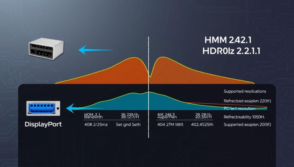 A detailed and informative diagram comparing DisplayPort 2.1 and HDMI 2.1 bandwidth and capabilities for 4K 240Hz connectivity, featuring a split layout. In the foreground, include icons representing both standards, with arrows illustrating bandwidth differences. The middle section should display contrasting graphs for data rates and resolutions, using vibrant colors to highlight specifications like refresh rates, color depth, and supported resolutions. The background should be a subtle tech-themed pattern, evoking a high-tech atmosphere. Use soft, even lighting to enhance readability and ensure clarity. The image should feel educational and professional, suitable for an academic article, devoid of any text overlays or branding. A detailed and informative diagram comparing DisplayPort 2.1 and HDMI 2.1 bandwidth and capabilities for 4K 240Hz connectivity, featuring a split layout. In the foreground, include icons representing both standards, with arrows illustrating bandwidth differences. The middle section should display contrasting graphs for data rates and resolutions, using vibrant colors to highlight specifications like refresh rates, color depth, and supported resolutions. The background should be a subtle tech-themed pattern, evoking a high-tech atmosphere. Use soft, even lighting to enhance readability and ensure clarity. The image should feel educational and professional, suitable for an academic article, devoid of any text overlays or branding.