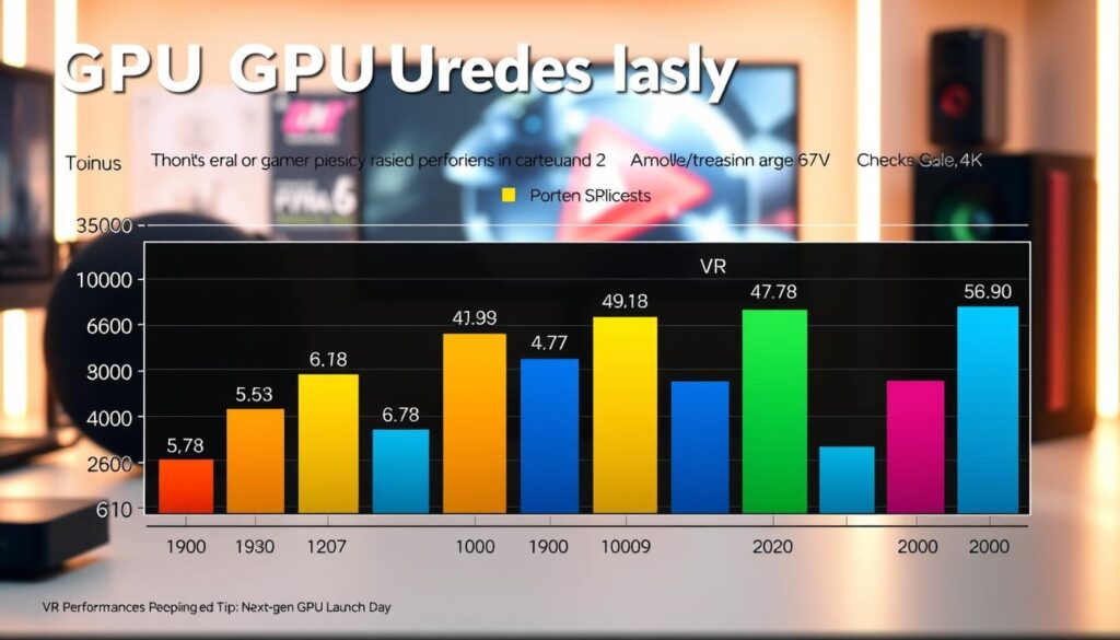 A detailed and visually engaging GPU upgrade analysis chart showcasing gaming performance at 1440p and 4K resolutions. In the foreground, large, colorful bar graphs representing FPS (frames per second) metrics for various GPUs categorized by 60, 70, and 80-class segments. The middle layer features distinct sections for VR performance, highlighting its rising importance for gamers and creators. The background can include subtle hints of gaming hardware, such as GPUs and monitors, with a soft, out-of-focus tech-inspired ambiance. The chart should be illuminated with a modern, high-tech glow, emphasizing clarity and professionalism. Capture the essence of cutting-edge technology and the excitement surrounding the next-gen GPU launch day in a sleek and polished visual presentation.