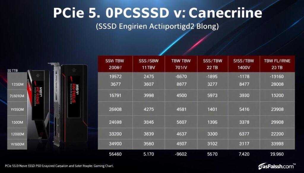 A detailed comparison chart illustrating PCIe 5.0 SSD capacities and endurance, prominently displaying TBW ratings and price per TB. The foreground showcases distinct SSD models, each represented as sleek, modern devices with their respective specifications. In the middle layer, a clear and organized grid layout highlights the TBW ratings and cost efficiency, with vibrant colors differentiating each capacity level. The background should feature a subtle, high-tech abstract design, evoking the advanced technology of gaming hardware. Soft, focused lighting enhances the clarity of the chart, creating a professional and analytical atmosphere. The overall mood should be informative and visually engaging, suitable for an audience of gamers and tech enthusiasts.