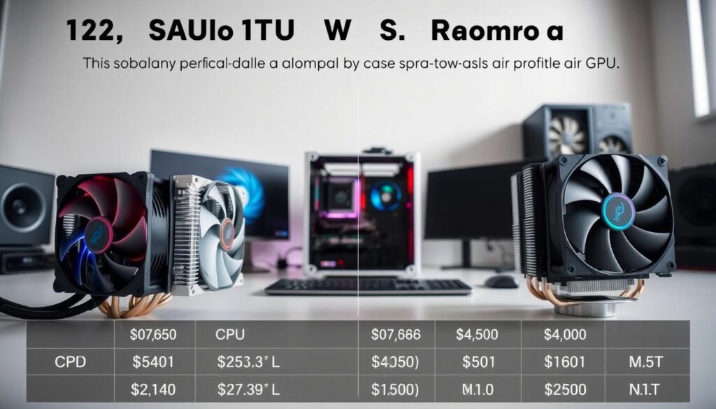 A detailed comparison chart showcasing the thermal performance of a 240mm AIO cooler versus a low-profile air cooler for CPU and GPU. The foreground features two distinct cooling solutions positioned side-by-side, with close-up views highlighting their unique designs and thermal performance metrics. The middle ground includes a sleek, modern workspace with a Mini-ITX case in the background, displaying an organized setup for silent computing. Soft, diffused lighting creates a professional atmosphere, emphasizing the technical nature of the analysis. The angle is slightly elevated, capturing both the cooling solutions and the Mini-ITX case in a clear, focused manner, conveying a sense of innovation and efficiency without any text or distractions.