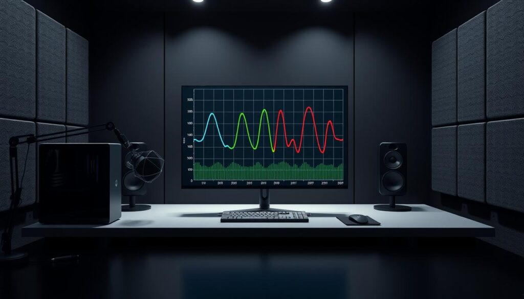 A detailed illustration of noise-normalized testing target curves for small form factor (SFF) PC acoustics, showcasing graph lines in vibrant colors such as blue, green, and red against a sleek, dark background. The foreground features a well-organized, modern workstation with a mini-ITX case, a microphone positioned for sound measurement, and high-tech acoustic panels lining the walls. In the middle ground, the target curves are displayed prominently on a digital screen, arranged with precision to indicate decibel levels across varying frequencies. The background is softly lit to create a focused atmosphere, with subtle reflections on a polished desk surface. The image conveys an advanced, professional environment ideal for acoustics testing.